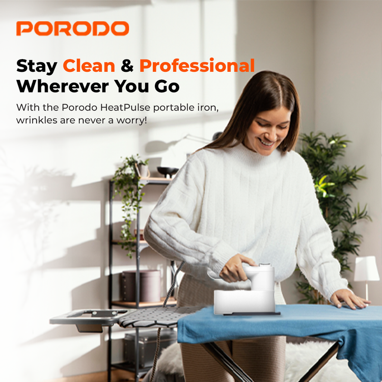 Porodo Lifestyle Heatpulse Portable Steam Iron with Ultrasonic Steam Generator, Type-C Charging Port, Adjustable Temperature Level, 40 Minutes Continuous Ironing, 5200mAh Battery Capacity - White