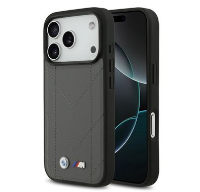 BMW MagSafe PU Quilted Leather Case with Metal Logos for iPhone 17 Pro Max, Slim Profile, Easy Snap-On Design, Sustainable Packaging, Drop Protection - Gray