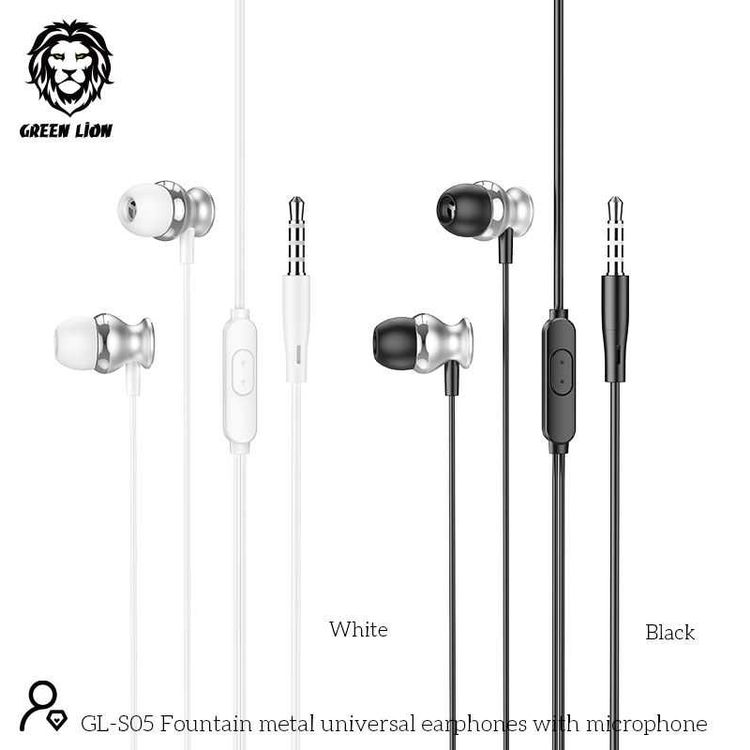 Green Lion Metal Wired Earphones with Crystal Clear Sound, Hi-Fi Audio, Chic Design, Premium Quality, 3.5mm Audio Jack, 10mm Speaker Size, High Elastic TPE Cable Material - Black