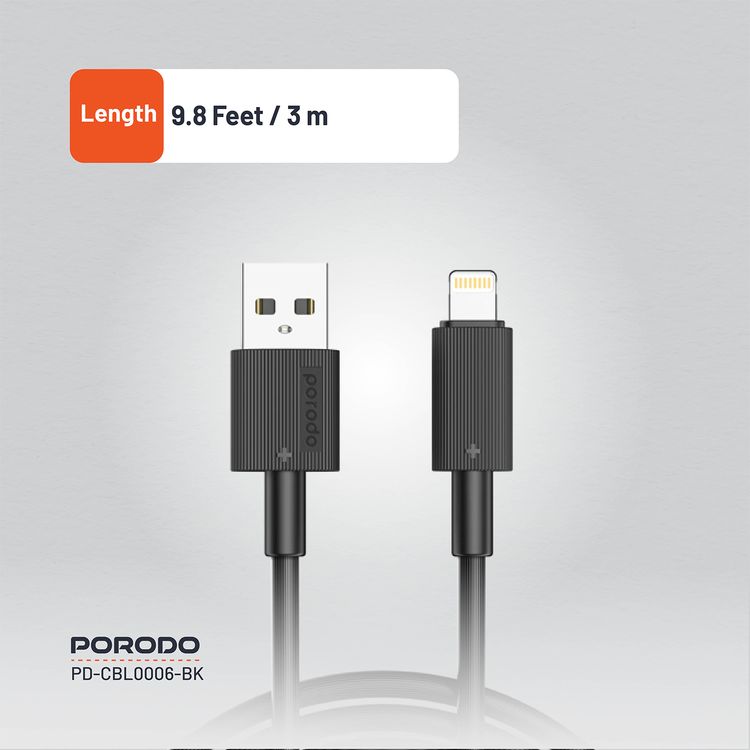 Porodo USB A to Lightning PVC Cable 3m, 480Mbps, 2.4A, more than 15000 Bends Life Span, Tangle Free - Black