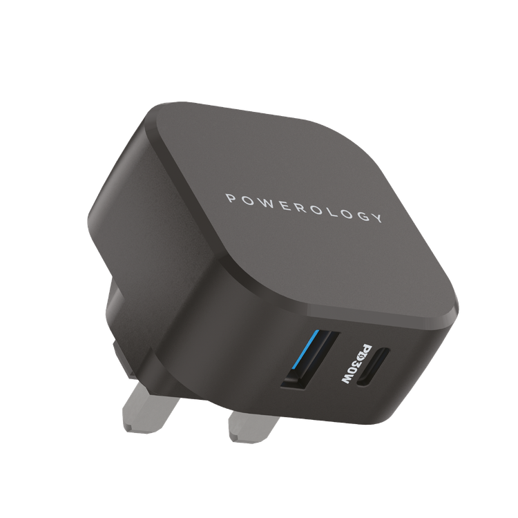 Powerology Dual Port Ultra-Compact Quick Wall Charger USB-A 18W + PD 30W - Black