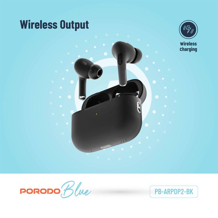 Porodo Blue Earbuds Pro 2 With Swipe Volume, 20 Hours Working Time, Wireless Charging, Deep Bass, Independent Earbuds, Touch Control - Black