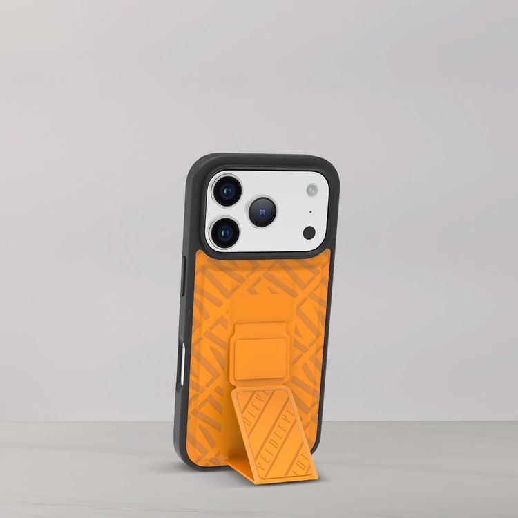 Levelo Morphix Cuero GripStand Case for iPhone 17 Pro Max, Raised Bezels for Camera & Screen, Shock-Resistant Bumper, Secure Hold, Horizontal & Vertical Viewing - Sunrise Orange