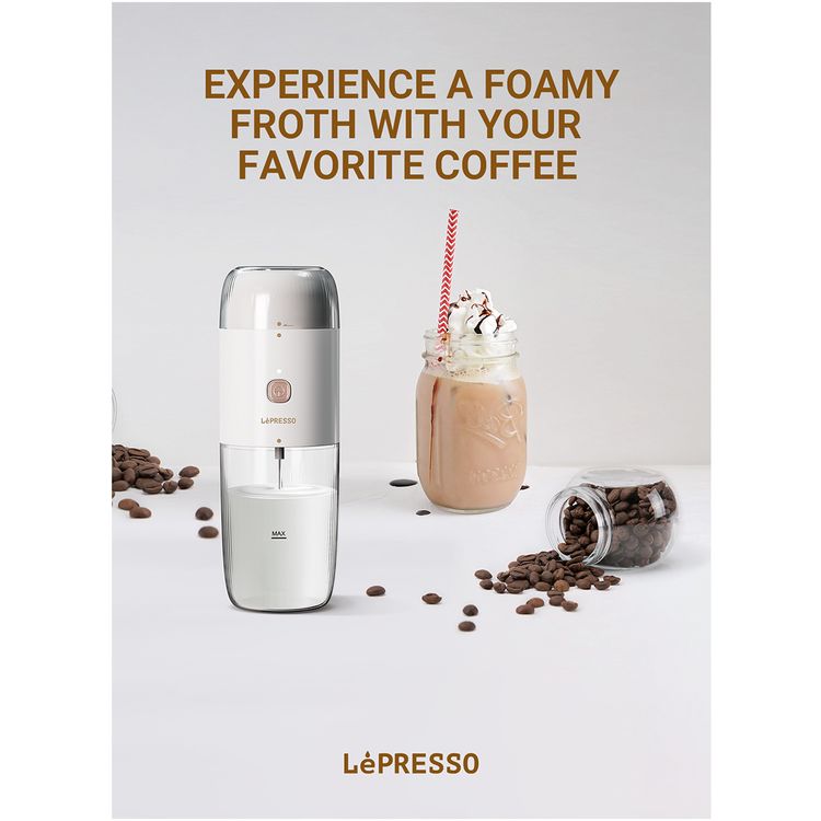 LePresso 2-in-1 Portable Milk Frother and Grinder with 19000rpm Blade Speed, 45W Power, Stainless Steel, 10-40g Bean Container, 1500mAh Battery - White