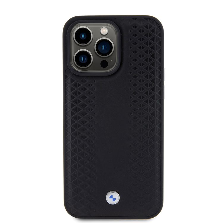 BMW Leather Case with Sign Diamond Pattern for iPhone 15 Pro  - Black