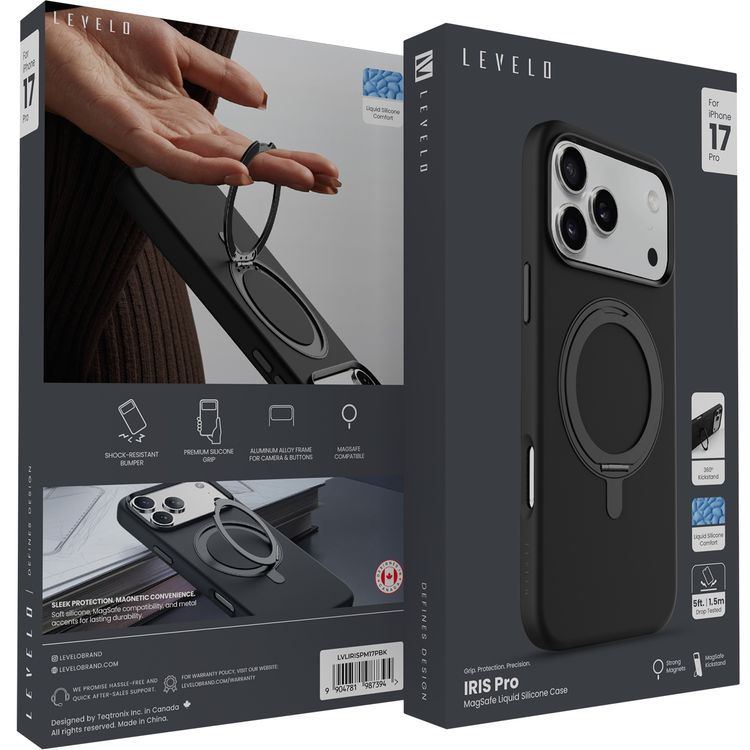 Levelo Iris Pro MagSafe Liquid Silicone Case with Built-in 360° Kickstand for iPhone 17 Pro, Metal Accents, Shock-Resistant Bumper, Aluminum Alloy Frame for Camera & Buttons, Drop-Tested, Strong Magnets, Premium Silicone Grip - Black