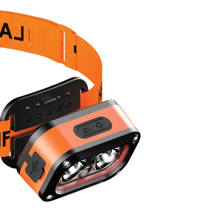 Porodo Wave-Sensor Rechargeable LED Headlamp with 5 Light Modes, 800mAh Battery, Up to 6 Hours Run Time, 10cm Sensor Range, Adjustable Elastic Headband - Orange