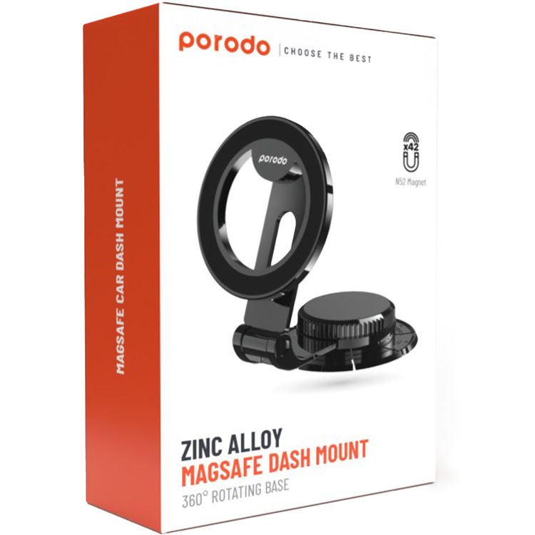 Porodo Zinc Alloy Magsafe Dash Mount with 360° Rotating Base, Zinc Alloy Material, x42 Embedded N52 Magnets, 4500Gauss Magnetic Force, One Hand Operation - Black