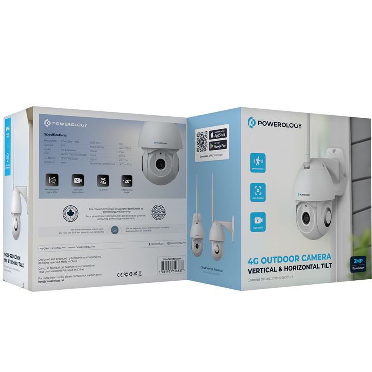 Powerology Advanced Outdoor Camera with 360-degree Viewing Angel, Full-color Night Vision, Auto-tracking, Motion Sensor, 3MP Resolution, Real Time Monitoring, 12 LED Lights, IP65 Waterproof - White