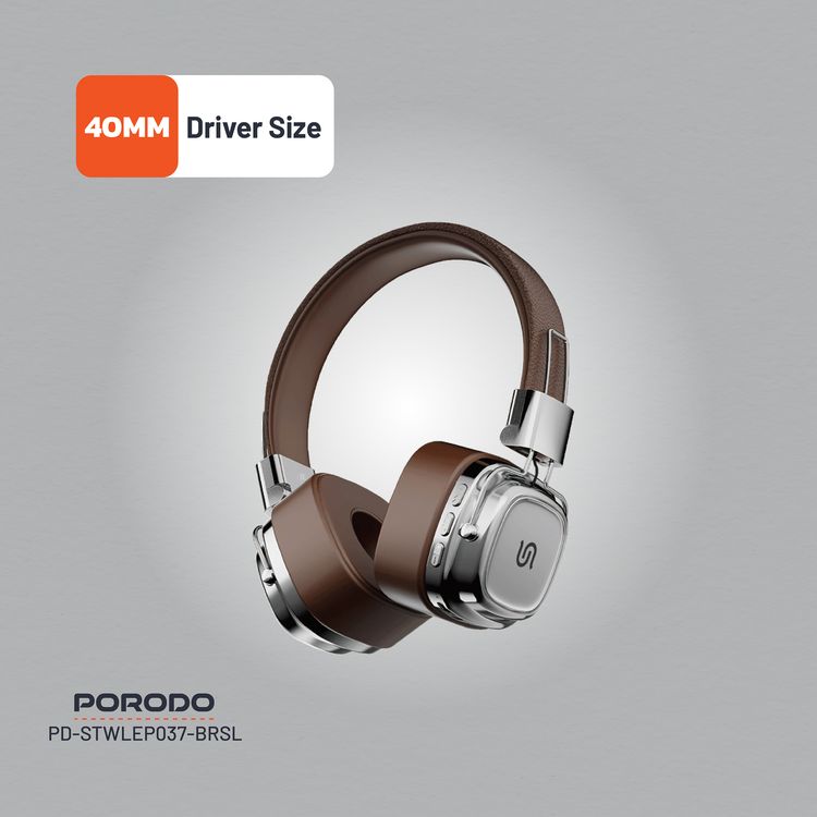 Porodo Soundtec Vintage Wireless ENC Headphones, Up to 12 Hours Battery Life, 10m Transmission Distance, 350mAh Battery Capacity, 2 Hours Recharge Time - Brown/Silver