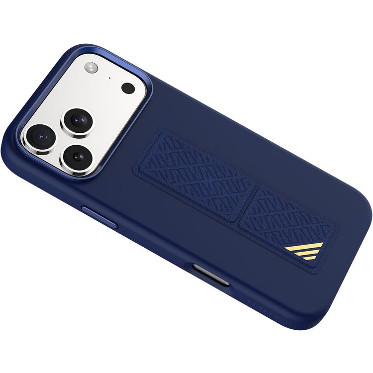 غطاء Levelo Morphix من السيليكون لهاتف iPhone 17 Pro Max، بمسند للعرض بدون استخدام اليدين، وبطانة داخلية من الألياف الدقيقة الأصلية، ومسند أفقي وعمودي، وواقي صدمات، وحواف بارزة لحماية الكاميرا والشاشة، وتصميم رفيع - لون أزرق داكن.