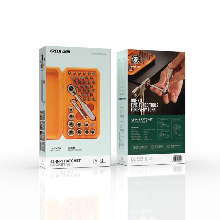 Green Lion 42-in-1 Ratchet Socket Set with 72-Tooth Ratchet Gears, 30 Pieces S2 Screwdriver Bits & 9 Pieces of Six-Point Sockets, 10N.m Max Torque - Black