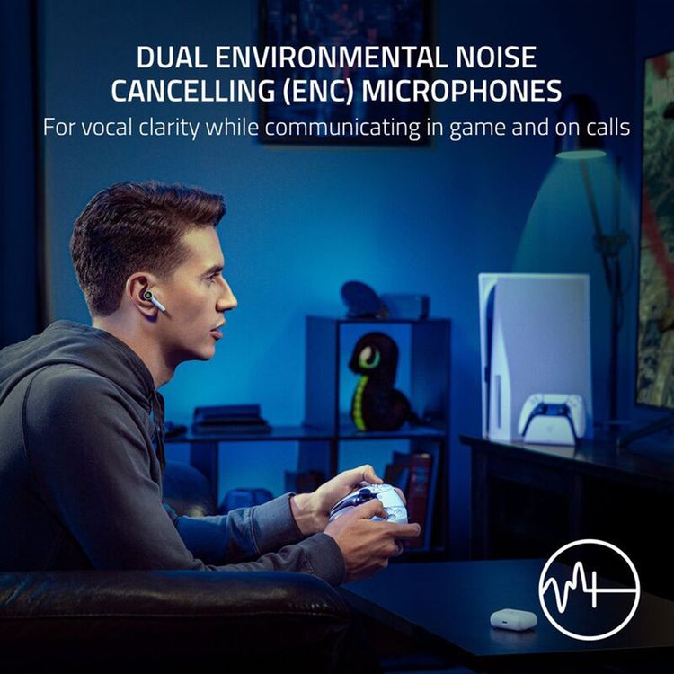 سماعات Razer Hammerhead HyperSpeed متعددة المنصات للألعاب، لاسلكية حقيقية، عمر بطارية يصل إلى 30 ساعة، إلغاء الضوضاء، إضاءة خلفية، شحن عبر USB Type-C - اللون الأبيض