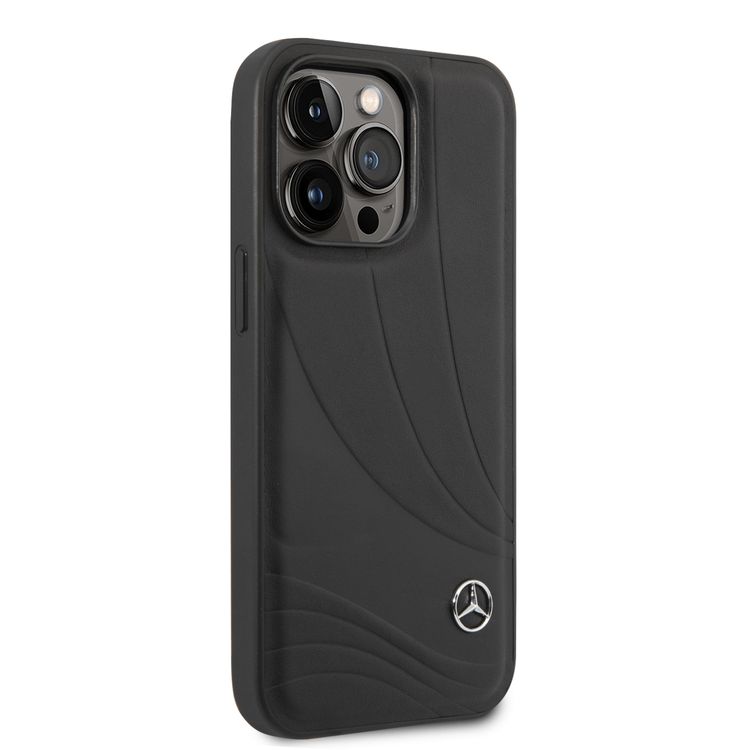 CG MOBILE Mercedes-Benz Genuine Leather Case With New WaveIII Pattern, Compatible w/ 14 Pro Max (6.7") Scratch & Drop Protection, Wireless Charger Compatibility - Black