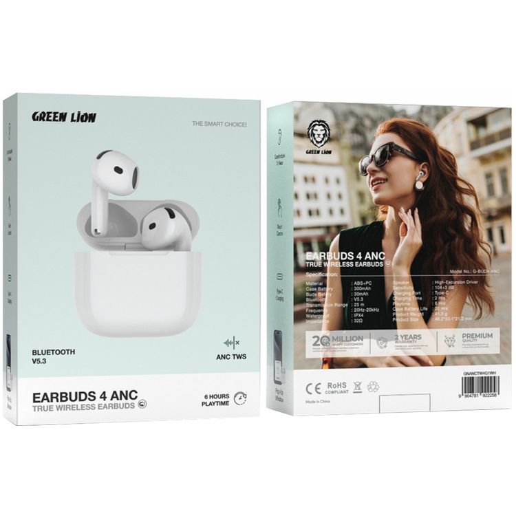 Green Lion True Wireless Earbuds 4 ANC with TWS, Bluetooth Version 5.3, ABS & PC Material, IPX4 Water Resistance Level, Type-C Charging Port, 300mAh Case Battery Capacity, 25m Transmission Range, 2 Hours Charging Time, 6 Hours Play Time, Touch Control - White