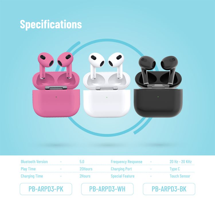 Porodo Blue Deep Bass Wireless Earbuds 3, 20 Hours Working Time, Type-C Charging Port, Environmental Noise Cancellation, Independent Earbuds, Touch Control - Black