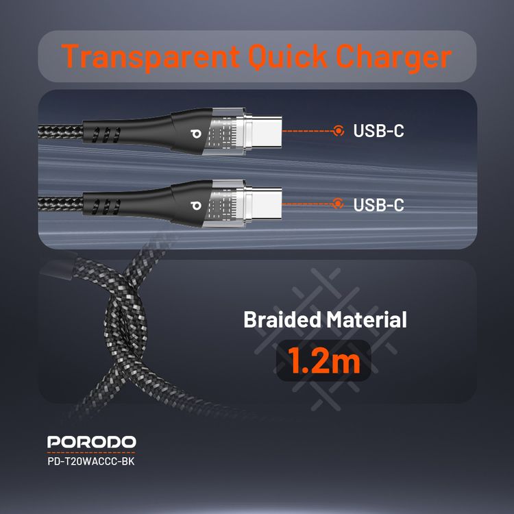 Porodo مخرج مزدوج شفاف شاحن سريع USB-C PD وUSB-A QC مع كابل USB-C إلى USB-C 1.2 متر المملكة المتحدة