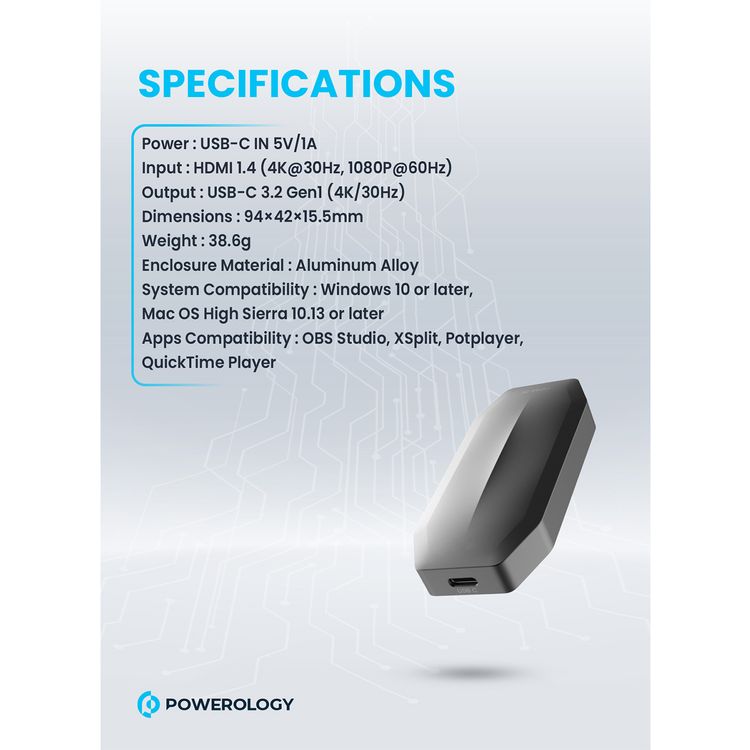 Powerology Audio & Video 4K Capture Card Multi Device Broadcasting, Zero Delay Capture, Mac Compatible - Black