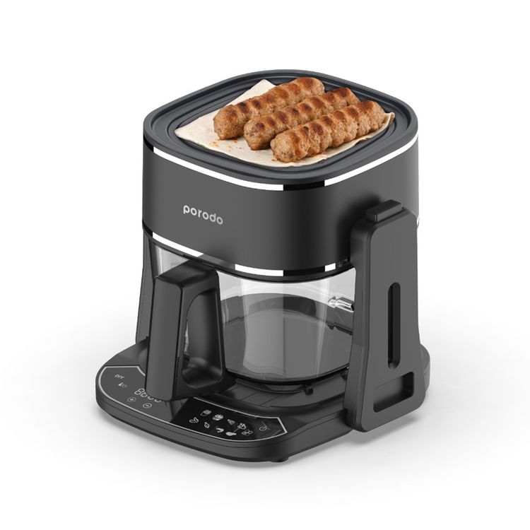 قلاية هوائية وشواية من بورودو لايفستايل بتصميم مزدوج مع 8 وظائف مبرمجة مسبقًا، سعة 4.5 لتر، حاوية زجاجية مقاومة للحرارة، مؤقت يصل إلى 60 دقيقة، قابس كهربائي ثلاثي الأطراف - لوحة لمسية - أسود