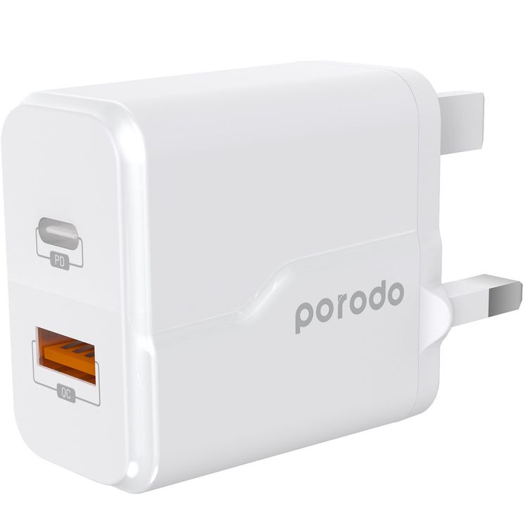 Porodo Dual Port Wall Charger with 20W Power Delivery, QC 18W, Fire Retardant Material, Overcurrent Protection, UK 3-Pin Plug, Built-in Protective Mechanisms - White