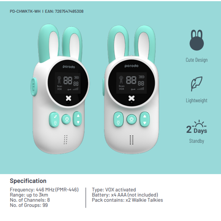 Walkie Talkie Porodo PD-CHWKTK-WH for Kids Two-Way Radios-White