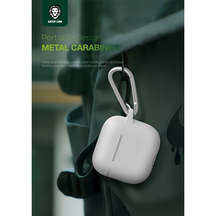 Green Lion Berlin Series Silicone Case for Airpods 4, Metal Carabiner, 360° Full Protection, Shock Absorbent, Skin Friendly Silicone, Washable Material - White