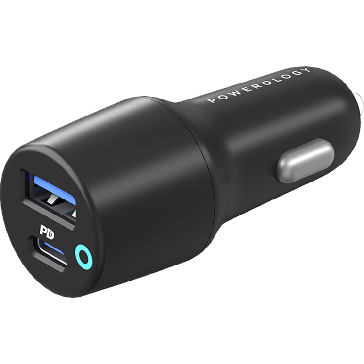 Powerology 53W Ultra-Quick Car Charger Dual Output with USB-C to USB-C Cable - Black