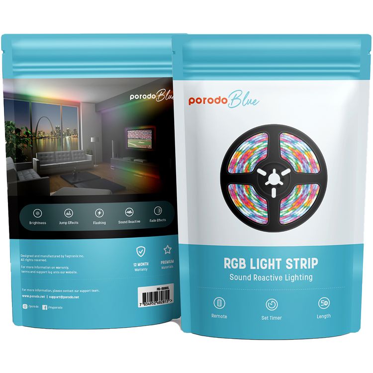 Porodo Blue RGB Light Strip with Sound Reactive Lighting, 5m Length, Jump & Fade Effects, Remote Control - Black
