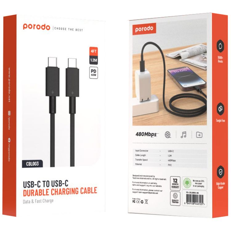 Porodo USB-C to USB C PVC Cable, 480Mbps Transfer Speed, 60W Power Delivery, more than 15000 Bends Life Span, 1.2m Cable Length, Tangle Free - Black