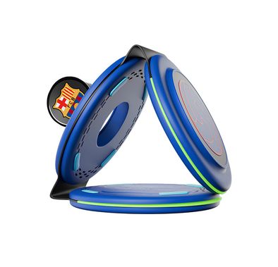 شاحن لاسلكي FC Barcelona WC-3 3 في 1 يدعم معيار Qi، بقدرة إخراج لاسلكية قصوى للهواتف الذكية تصل إلى 15 واط، وشحن متزامن، وتصميم قابل للطي، ومدخل نوع C QC بقدرة 18 واط - أزرق