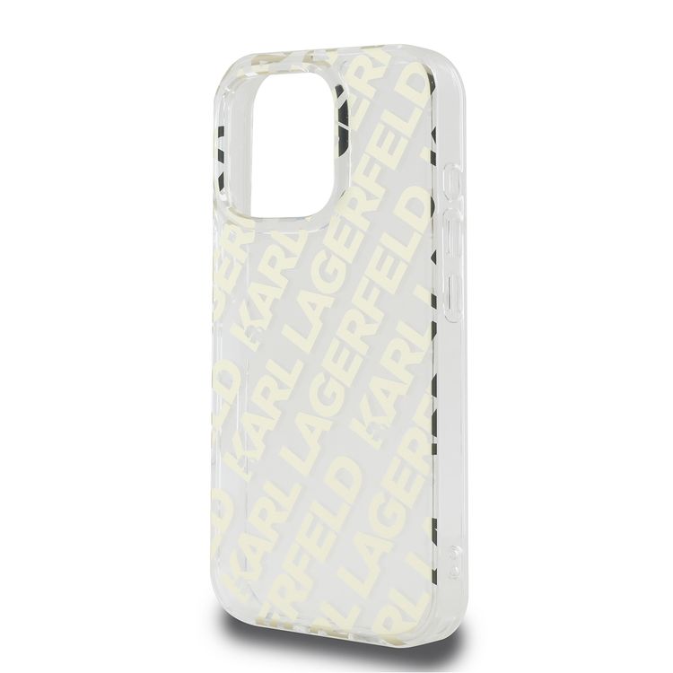 كفر Karl Lagerfeld IML الصلب مع شعار متكرر مطلي كهربائيًا لهاتف iPhone 16 Pro Max، حماية من السقوط، سهل التركيب، تغليف مستدام - ذهبي