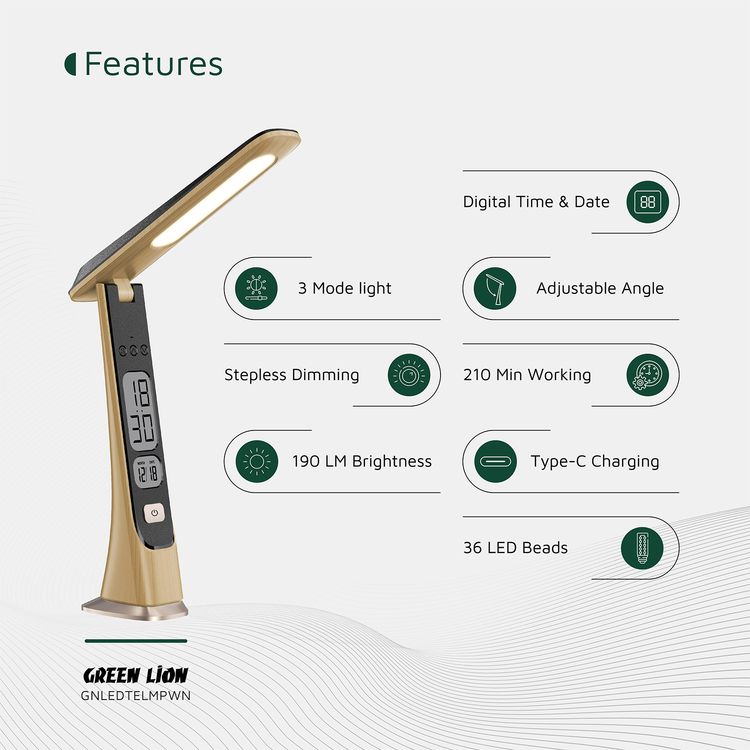 Green Lion LED Table Lamp with ABS Material, 1800mAh Battery Capacity, Cold-Natural-Warm Light Modes, 3.5 Hours Working Time, Adjustable Brightness & Angle, Digital Time & Date - Wooden