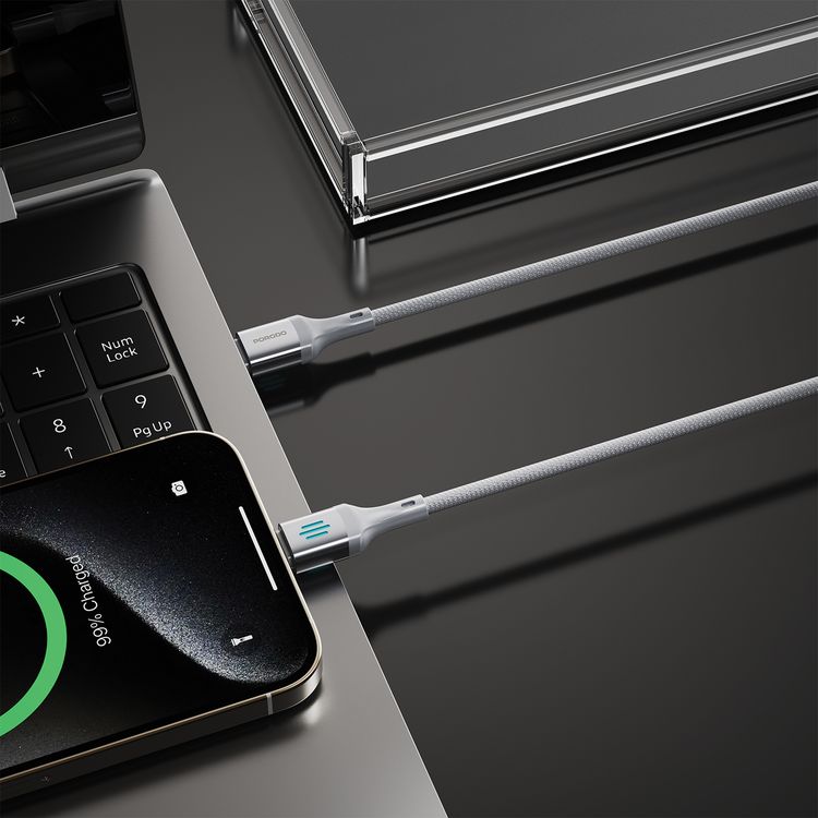 كابل الشحن ونقل البيانات من بورودو USB-C إلى Lightning بقوة توصيل 27 واط، بطول 1 متر، كابل مضفر بتصميم مقاوم للتشابك، سرعة نقل بيانات 480 ميجابت في الثانية، شحن سريع - فضي.