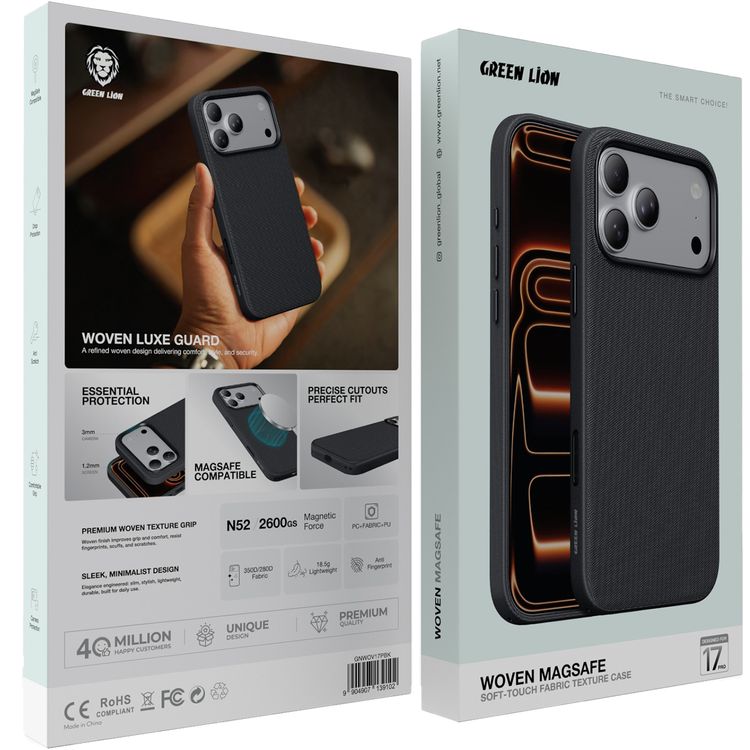 Green Lion WOVEN MagSafe Case for iPhone 17 Pro, Anti-Scratch, Drop Protection, Comfortable Grip, Anti-Fingerprint, Essential Protection, Precise Cutouts, Perfect Fit, 350D/280D Fabric - Black
