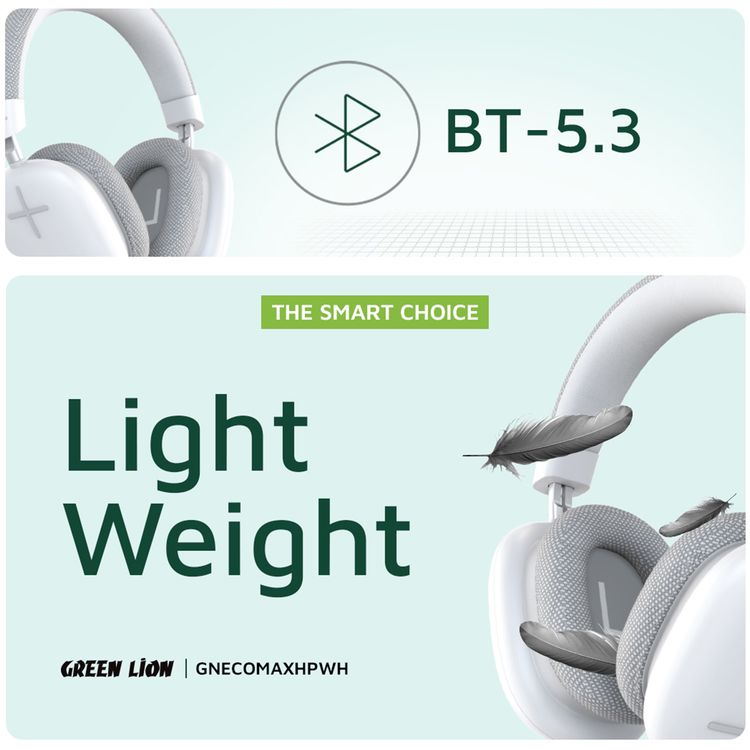 Green Lion Echo Max Wireless Headphones, Comfortable To Wear, Built-in Microphone, Lightweight, 40mm Magnet Size, 10m Maximum Range, 48 Hours Play Time - White