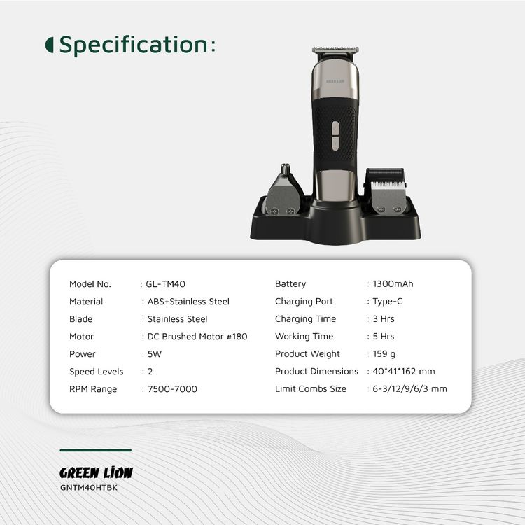 Green Lion Trim Master 5-in-1 Trimmer with Storage Base, Textured Grip, Type-C Charging, Corded & Cordless Use, Digital Display, Detachable Different Heads - Black