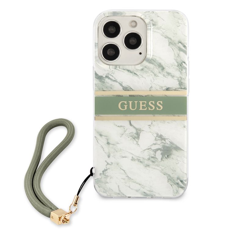 CG MOBILE Guess PC/TPU Case Marble Design & Stripe with Anti-Lost Nylon Strap for iPhone 13 Pro (6.1") Back Cover Suitable with Wireless Charging Officially Licensed Green