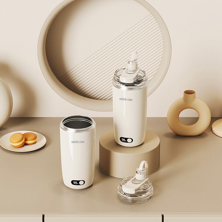 Green Lion Auto-Stirring Mug with 304 Stainless Steel, 30 Seconds Auto Shut-off, Food-Grade Materials, 150 Times Stirring, Portable Handle, Drip-Free Spout, 350mL Capacity, Magnetic Stir Bar - Cream