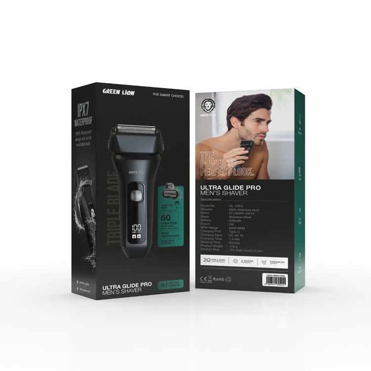 Green Lion Ultra Glide Pro Men's Shaver with 8000RPM Motor Speed, IPX7 Water Resistance Level, Type-C Charging Port, 60 Minutes Working Time, Digital Display, 1.5 Hours Charging Time, ABS + Stainless Steel Material - Black