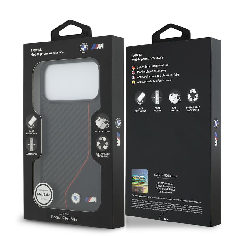 BMW PU Leather & Carbon Case with Colored Line Stitch for iPhone 17 Pro Max, Drop Protection, MagSafe Compatible, Sustainable Packaging, Easy Snap-On Design, Slim Profile - Black / Red