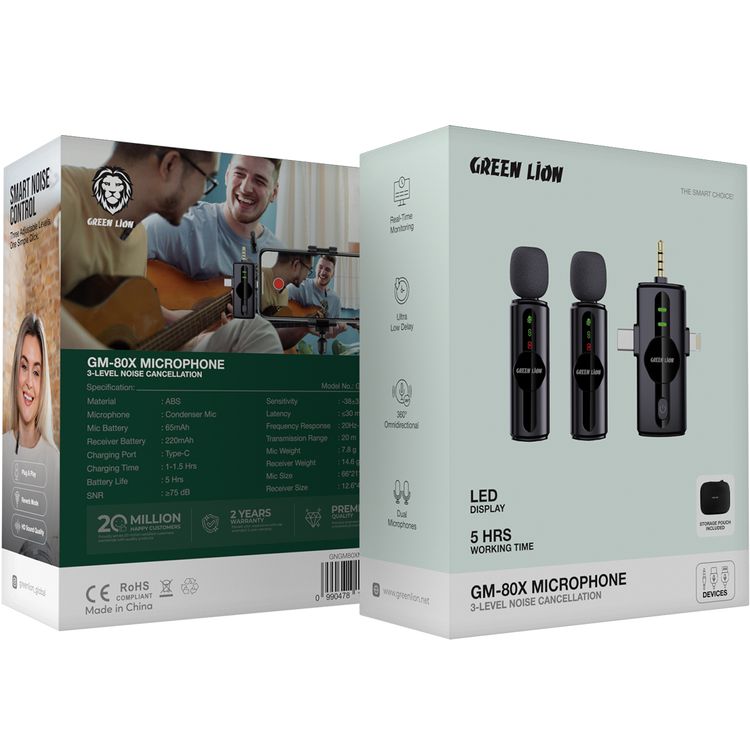 Green Lion GM-80X Microphone with 3-Level Noise Cancellation, 5 Hours Working Time, Less than 30 Milliseconds Latency, Dual Microphones, Type-C, AUX & Lightning Connectors - Black