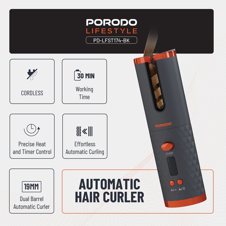 Porodo Automatic Hair Curler with Internal Dual Barrel, Effortless Automatic Curling, Cordless, 30 Minutes Working Time, Precise Heat and Timer Control, Standby Time 60 Minutes - Black