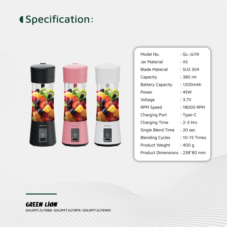 Green Lion Juice Mate Portable Juicer with 380mL Capacity, 6-Blade Design, Up to 15 Blending Cycles, 1200mAh Battery & USB-C Charging Port, LED Indicator, 20 Seconds Single Blend Time, BPA-Free & Food-Grade Material - White