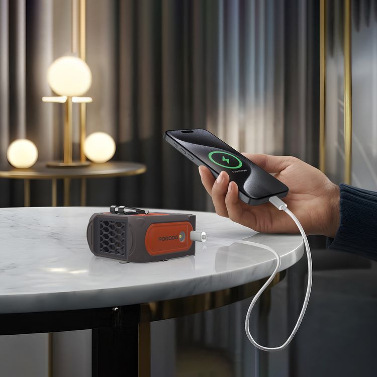 Porodo Lifestyle Multifunction Cooling Waist Fan with 10000mAh Power Bank, Flash Light, Powerful Wind, Digital Display, 5 Speed Levels, 40 Hours Working Time, 4 Hours Charging Time, Neck Strap - Orange / Brown