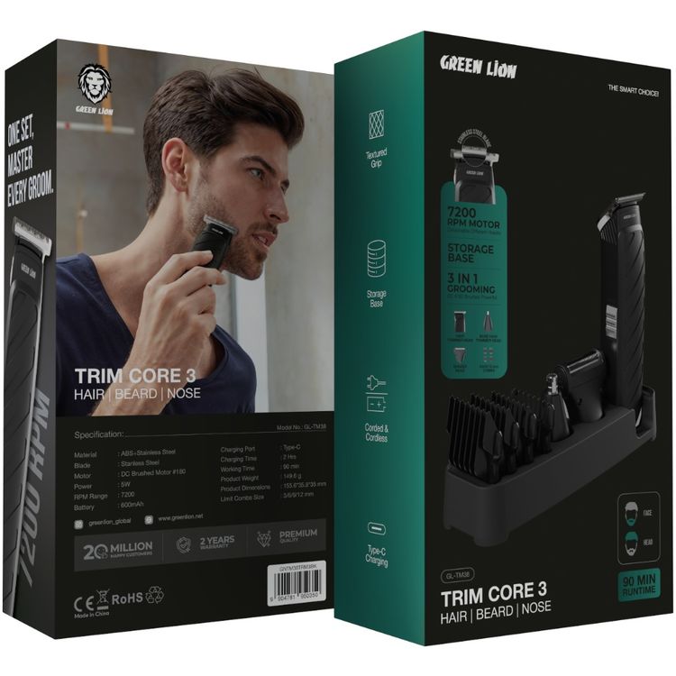 Green Lion Trim Core 3 with Hair, Beard& Nose Trimmer Head, Textured Grip, Storage Base, Type-C Charging, 7200RPM Range, 90 Minutes Working Time, Corded & Cordless Function - Black