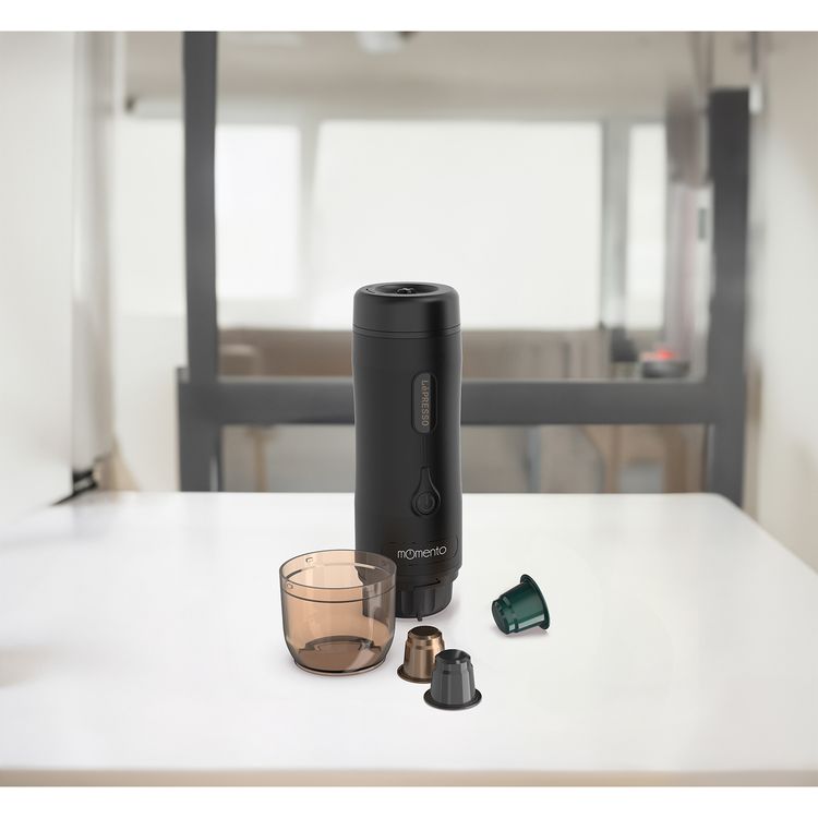 LePresso Momento 2.0 Portable Espresso Coffee Machine, Ground & Nespresso Compatible, 75W Power, 2500 mAh Battery Capacity, 2-3 Hours Re-Charge Time, 4 Single Shots Fully Charged Working Time - Black