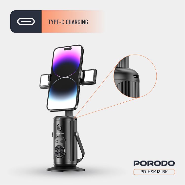 Porodo Face Tracking Smart Mount with Wireless Shutter, Detachable Fill Light, Gesture Control, Lightweight Design, 1800 mAh Battery - Black