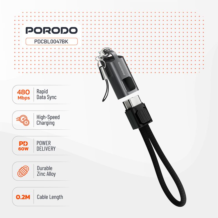 Porodo Chargeloop Keychain USB-C to USB-C Data Cable with 60W PD Output, 480Mbps Data Transfer Rate, 20cm Cable Length, Durable Zinc Alloy & Nylon Braided Material, High-Speed Charging, Compact Design - Black