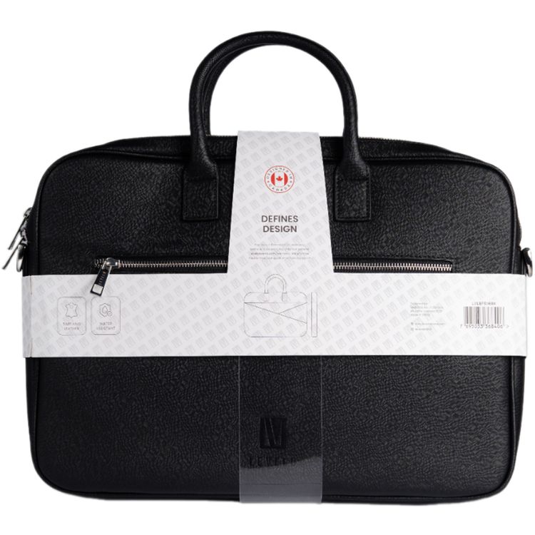 Levelo Belfort 16" Laptop Sleeve with LVL Signature Logo, Saffiano Leather Material, Water Resistant, Adjustable Shoulder Strap, Multiple Compartments,  Carrying Handles - Black