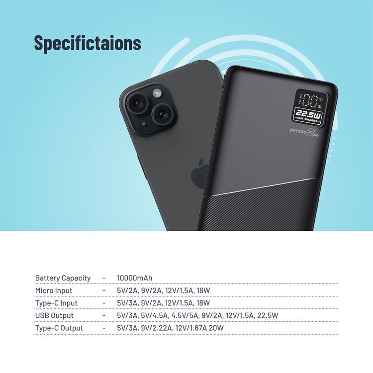 Porodo Blue Quick Charge Power Bank with USB-A & USB-C Outputs, 10000mAh Battery Capacity, Digital Display, 20W Power Delivery - Black